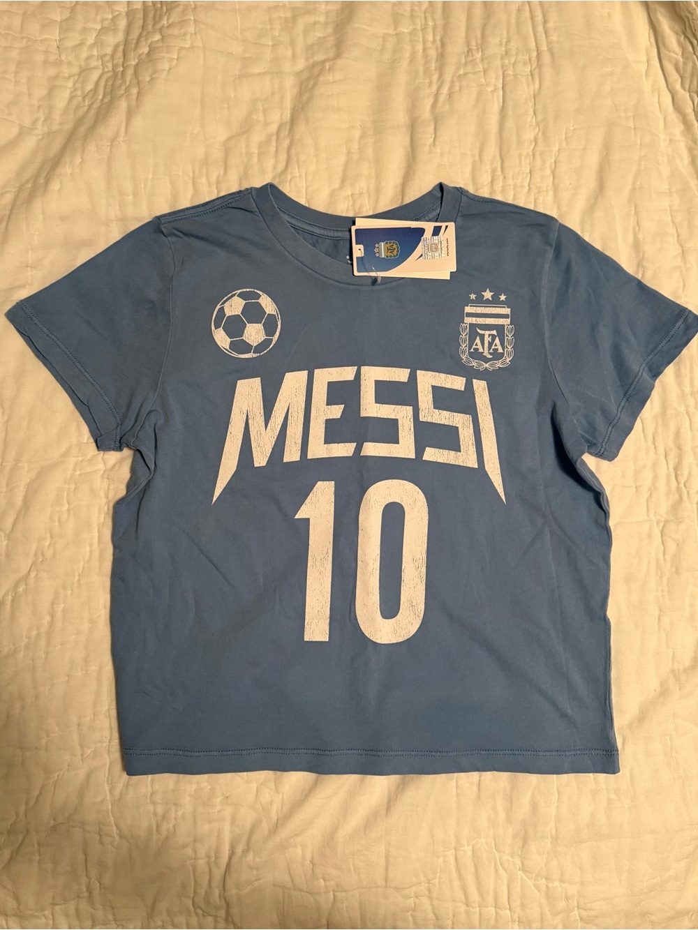 Junior Girls Cropped Blue Messi 10 Graphic T-Shirt - Size L